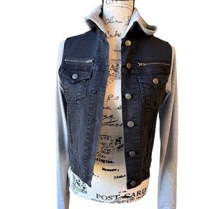 JET John Eshaya Black Denim Hooded Jacket Fleece Sleeves S/4 Excellent Cond